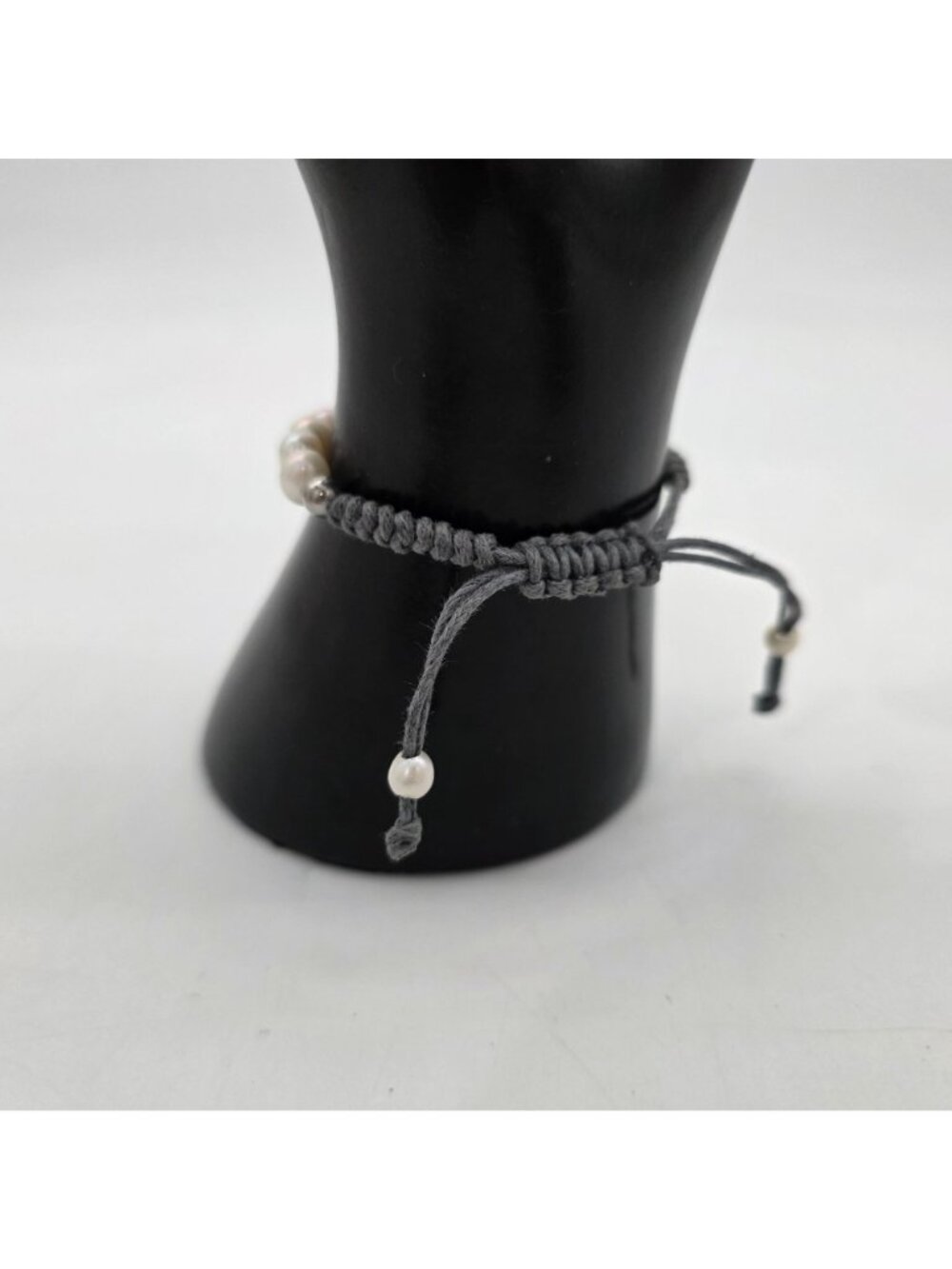 Freshwater Pearl & Sterling Beads Adjustable Macrame Bracelet With Gray Cord - Picture 3 of 4